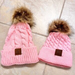 Mommy and Me Pink Cuffed Cable Knit Beanies with Faux Fur Pom Pom
